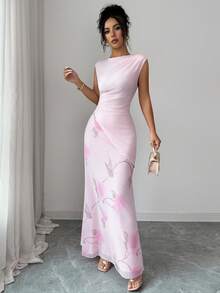 Elenzga Damen Sommer Rosa einfarbiges Stoff bedrucktes Mesh Design elegantes Rundhals-Ärmelloses figurbetontes Taillenraffung Bodycon Kleid, Geburtstagsgeschenk, Date, Party, Valentinstag, Musikfestival, Reise, Straße, Garten, Fotoshooting, Sommerkleid, Sommer Neuheit, Nischendesign, vielseitig, anmutiges Slim Fit Maxikleid - Pink - Übersicht 6