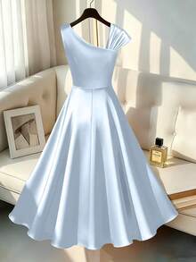 GlowEve CURVE Plus Size Women Satin Asymmetrical Shoulder Elegant Flared Dress Fall - Blue - View 2