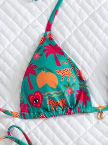 Swim Vcay Ensemble de maillot de bain sexy pour femme d'été avec imprimé palmier, bikini licou à nouer et culotte triangle - Multicolore - Voir 7
