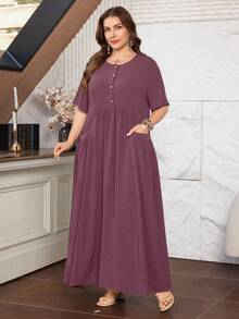 Lacomfia Women's Short Sleeve Loose Elegant Comfortable Minimalist Plus Size Dress With Pockets - Dusty Purple - View 4