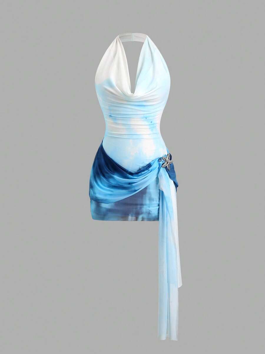 Sweetra Nuevo vestido azul casual, cómodo y versátil para vacaciones, de corte elegante y ajustado, con estilo retro y elegante para mujer, para primavera/verano - Azul - Ver 1