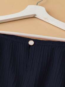 EMERY ROSE Plus Size Women's Elegant Commuter Summer Blouse With Bowknot Cuff, Peach Color, Round Neck, Lantern Sleeve, Cat Eye Stone Button, Striped Textured Fabric - Navy Blue - View 5