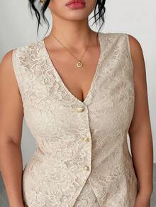 Elenzga Plus Size Elegant Commuter Solid Color Lace Vest & Pants 2 Pieces Set, Summer - Khaki - View 5