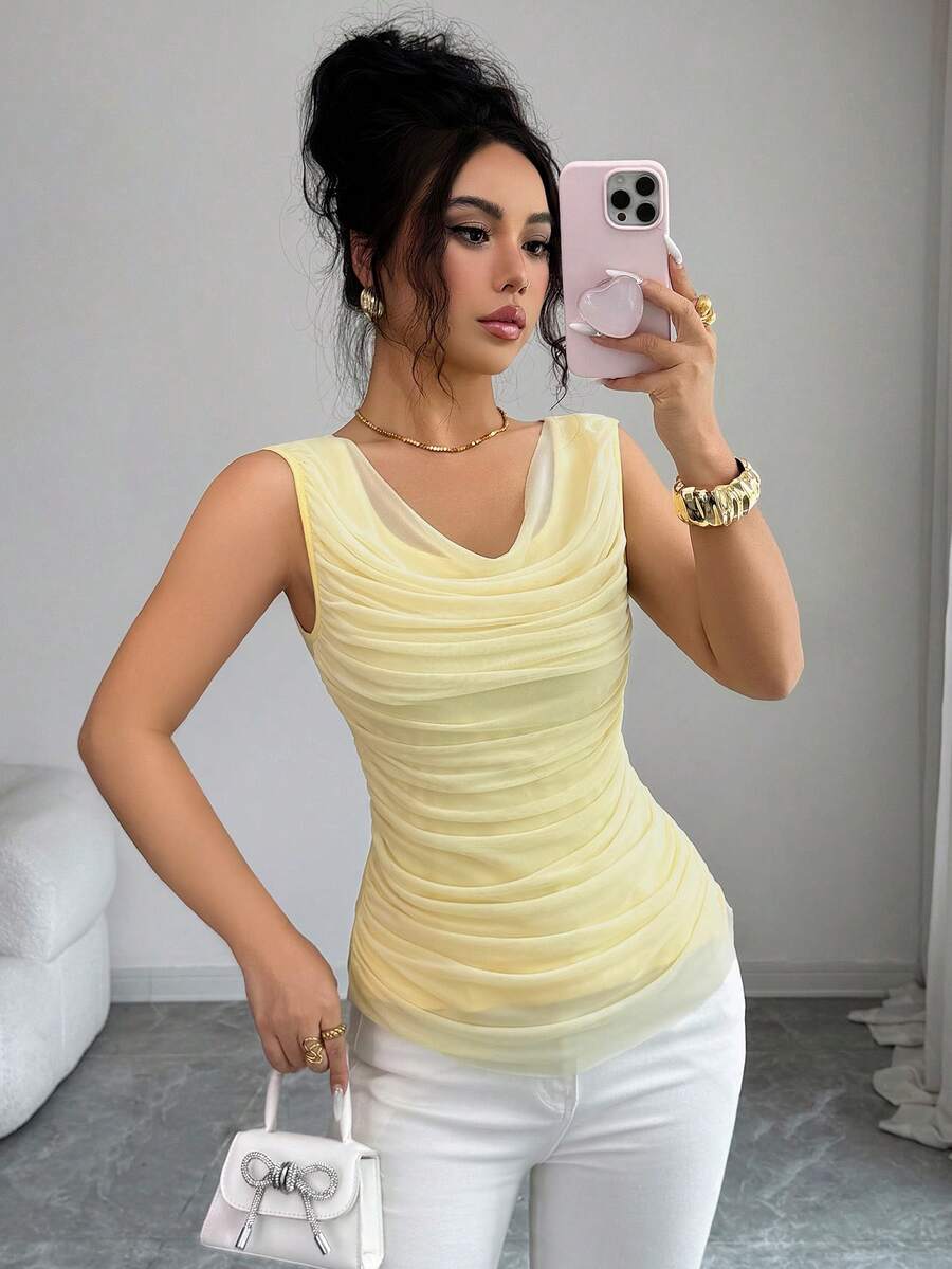 Elenzga Áo tank top nữ kiểu dáng thường ngày, chất liệu chiffon, cổ xếp ly, nhẹ nhàng và thanh lịch, thích hợp cho các buổi đi chơi, hẹn hò, lễ Phục sinh, Ngày của Mẹ, đám cưới, đi làm, kỳ nghỉ lãng mạn, màu vàng nhạt. - Màu vàng - Xem 1