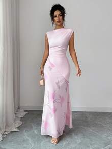 Elenzga Damen Sommer Rosa einfarbiges Stoff bedrucktes Mesh Design elegantes Rundhals-Ärmelloses figurbetontes Taillenraffung Bodycon Kleid, Geburtstagsgeschenk, Date, Party, Valentinstag, Musikfestival, Reise, Straße, Garten, Fotoshooting, Sommerkleid, Sommer Neuheit, Nischendesign, vielseitig, anmutiges Slim Fit Maxikleid - Pink - Übersicht 4