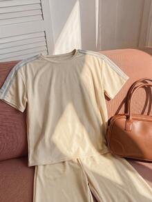 Comfortcana Conjunto informal de verano de 2 piezas de talla grande con camiseta y pantalones a rayas de contraste - Albaricoque - Ver 6