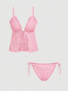 SHEIN MOD 女款純色泳裝套裝，適合度假與海灘 - 粉色 - 查看 4