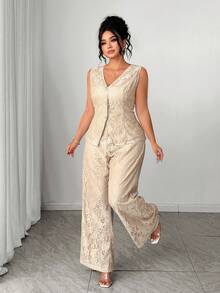 Elenzga Plus Size Elegant Commuter Solid Color Lace Vest & Pants 2 Pieces Set, Summer - Khaki - View 7