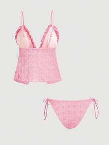 SHEIN MOD 女款純色泳裝套裝，適合度假與海灘 - 粉色 - 查看 5