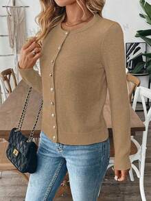 EMERY ROSE Women's Solid Color Single-Breasted Casual Versatile Daily Wear Cardigan - Camel - View 5