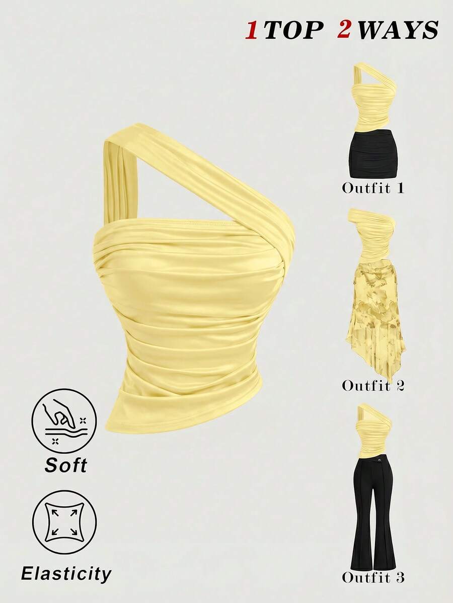 SHEIN MOD 不对称领口/不对称领口褶皱酒红色女士吊带背心 - 淡黃色 - 查看 1