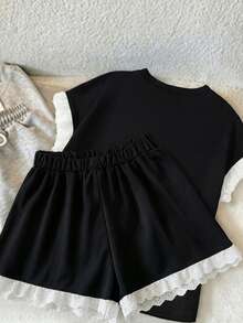 GlowEve Ensemble 2 pièces décontracté pour femmes avec Top à manches courtes col rond et bordure contrastée, et short - Noir - Voir 2