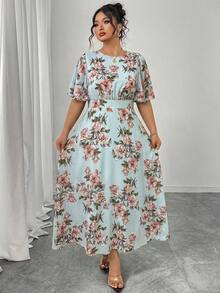 Modelyn Plus Size Women's Elegant Round Neck Ruffle Flare Sleeve Fitted Flowy Maxi Chiffon Dress, Spring/Summer - Multicolor - View 6