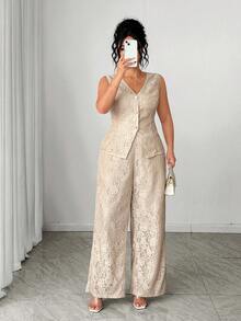 Elenzga Plus Size Elegant Commuter Solid Color Lace Vest & Pants 2 Pieces Set, Summer - Khaki - View 4