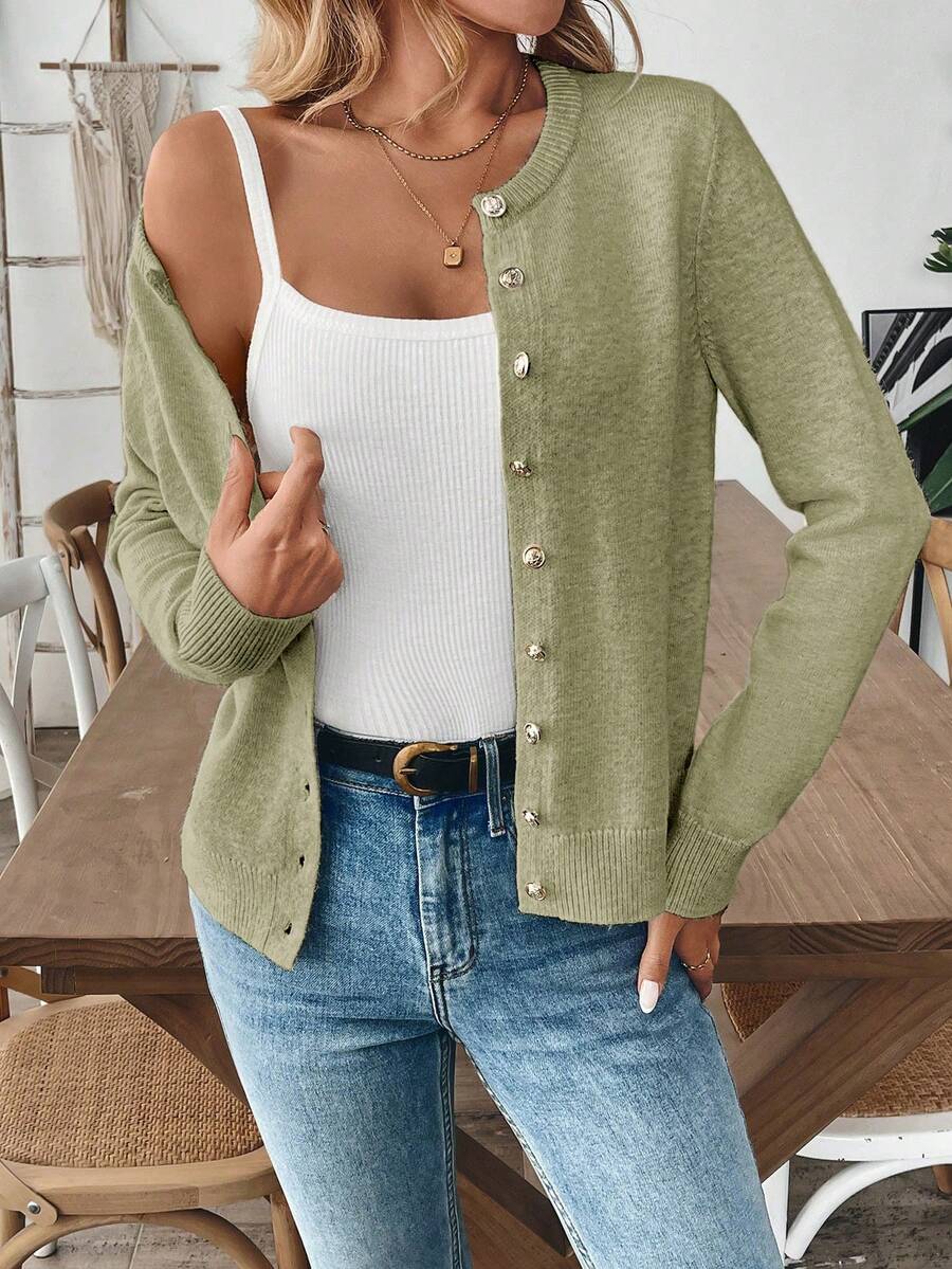 EMERY ROSE Women's Minimalist Daily Front Button Round Neck Long Sleeve Cardigan - Olive Green - View 1