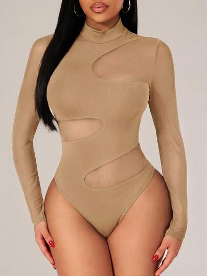 Radiana Plus Size Women's Spring&Summer Sexy Irregular Mesh Patchwork High Neck Long Sleeve Bodysuit, Black Sheer Mesh Patchwork Khaki Top, Long Sleeve Top, High Neck Top, Black Skinny Bodysuit, Stretchy Knit Fabric, Slim Fit Curve-Flattering, Suitable For Night, Party, Club, Nightclub, Cocktail, Celebration, Music Festival, Holiday Outfit Black Sheer Bodysuit Sexy Black Bodysuit