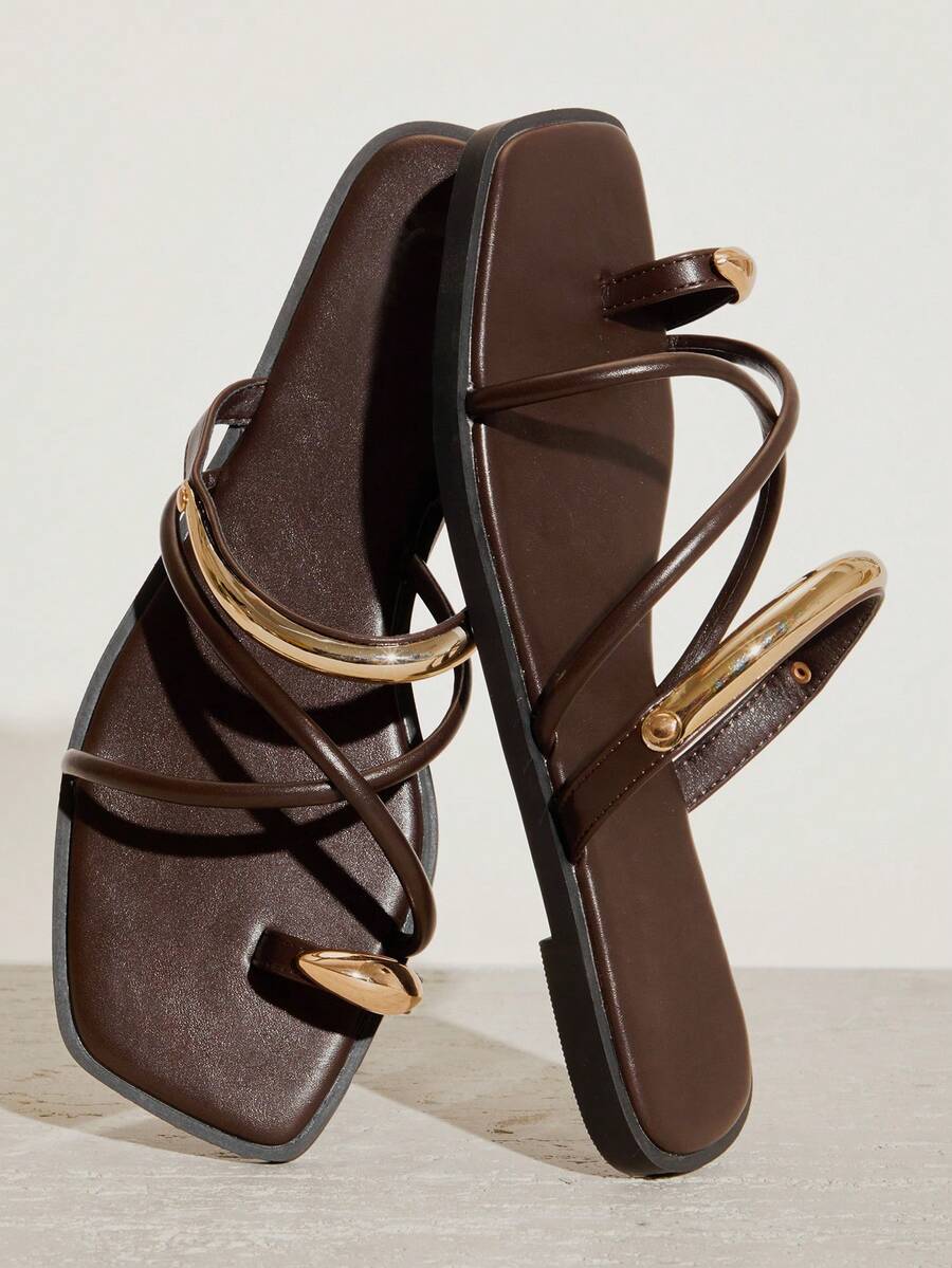 SHUZIA Women's Comfortable Gold Metal Toe Ring Slip-On Flat Sandals - Coffee Brown - View 1