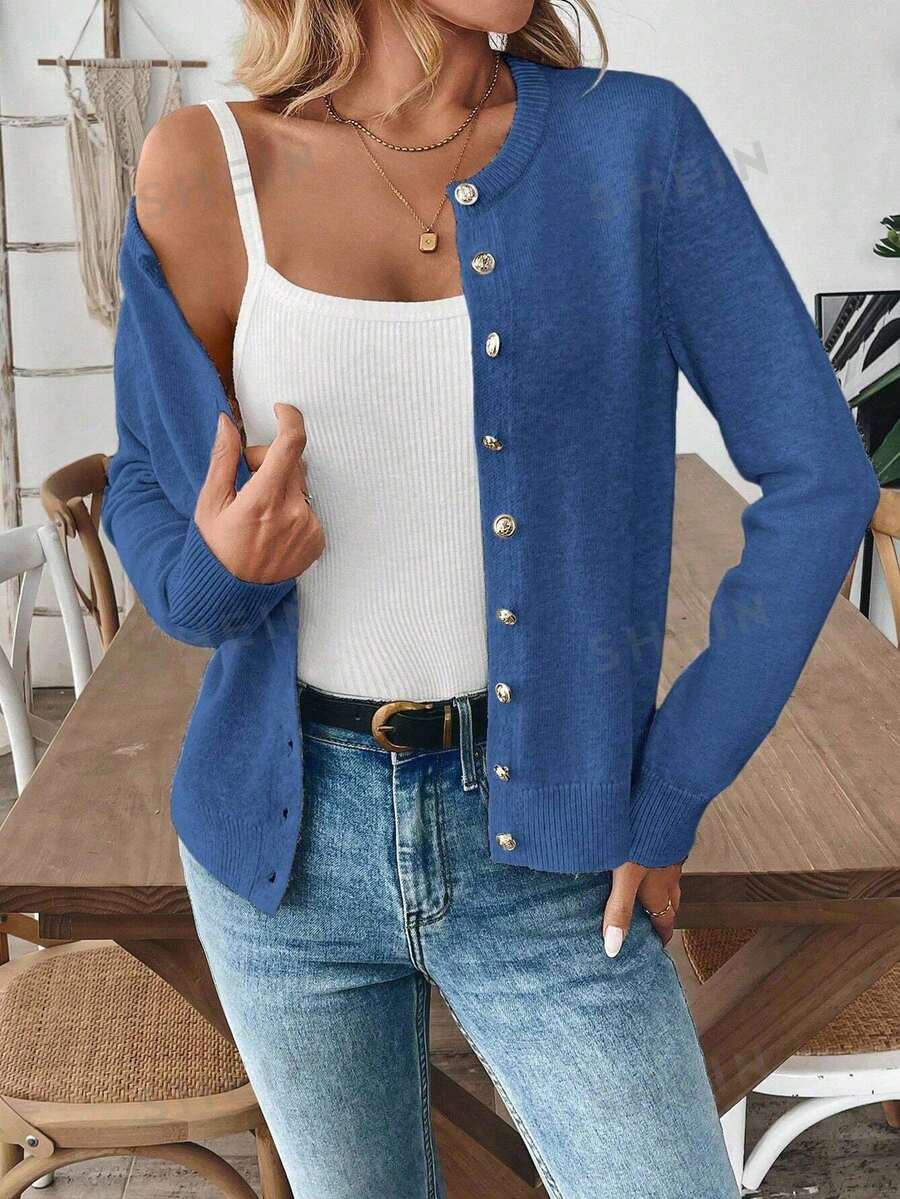 EMERY ROSE Women's Solid Color Single-Breasted Casual Versatile Daily Wear Cardigan - Dusty Blue - View 1