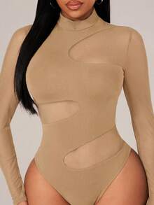 Radiana Khaki Women Fashion Asymmetric Cut Out Long Sleeve Mock Neck Bodysuit With Mesh Detail For Clubwear - Khaki - View 7