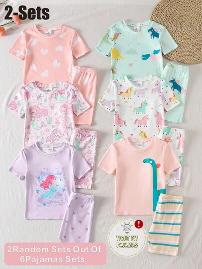 SHEIN [2 Stück/Set] Mädchen Einhorn Cartoon Muster Kurzarm Shorts Strick Eng anliegende Pyjamas Hauskleidung, zufällige Auswahl