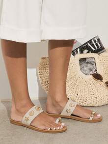 SHUZIA Women's Minimalist Seastar Seashell Decor Toe Ring Slip-On Flat Sandals - Apricot - View 7