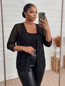 SHEIN Lady CURVE Áo khoác lưới mỏng đính đá Rhinestone cỡ lớn cho nữ Lễ Tạ ơn, Quần áo Giáng sinh, Áo đi chơi đêm giao thừa, Trang phục công sở, Tiệc tùng, Trang phục thường ngày cho phụ nữ, Phong cách quý tộc, Ngày lễ tình nhân, Tình yêu/Người yêu vào mùa thu/đông - màu đen - Xem 4
