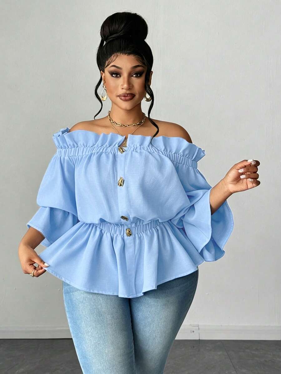 Maweii Blusa casual versátil de uso diario con hombros descubiertos y fruncidos en unicolor para mujer de talla grande - Azul - Ver 1