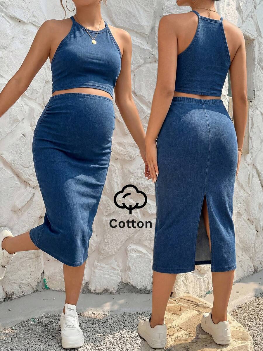 SHEIN Maternity Navy Blue 2-Piece Set,Summer Casual Halter Neck Tank Top & Stretchy Denim Midi Pencil Skirt For Pregnant Women,Holiday Over Bump Jean Skirt - Blue - View 1