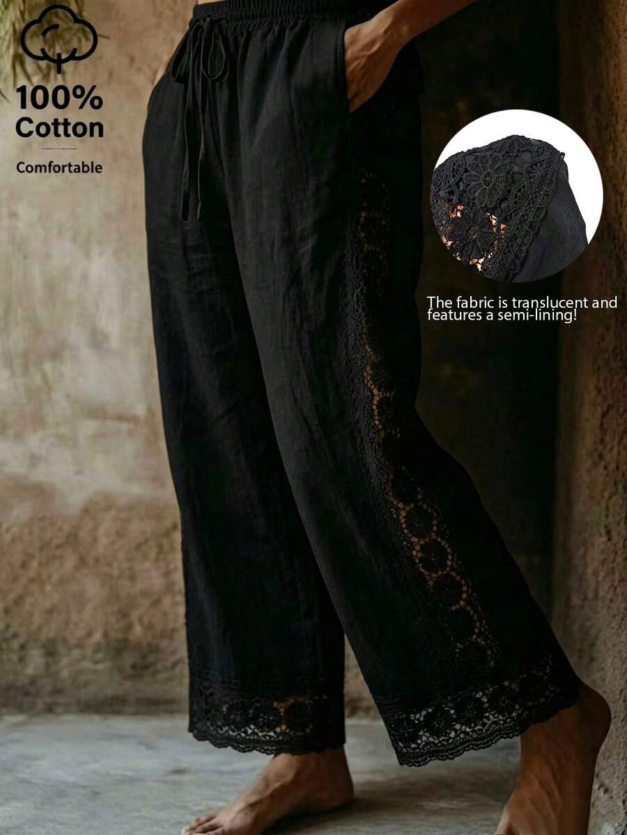 EMERY ROSE Women's Cotton Embroidered Pocket Casual Pants - Black - View 1