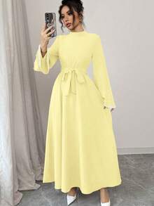 Elenzga 女士优雅长款喇叭袖立领连衣裙 - 黃色 - 查看 4