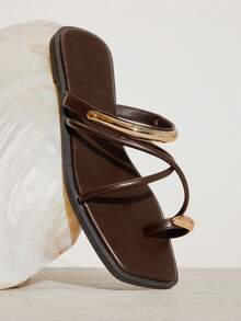 SHUZIA Women's Comfortable Gold Metal Toe Ring Slip-On Flat Sandals - Coffee Brown - View 6