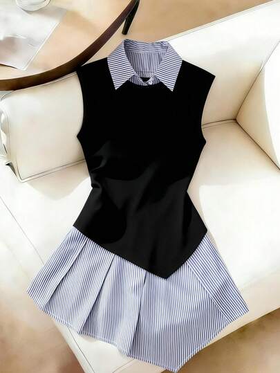 SHEIN Franclia 女士条纹拼接翻领无袖连衣裙