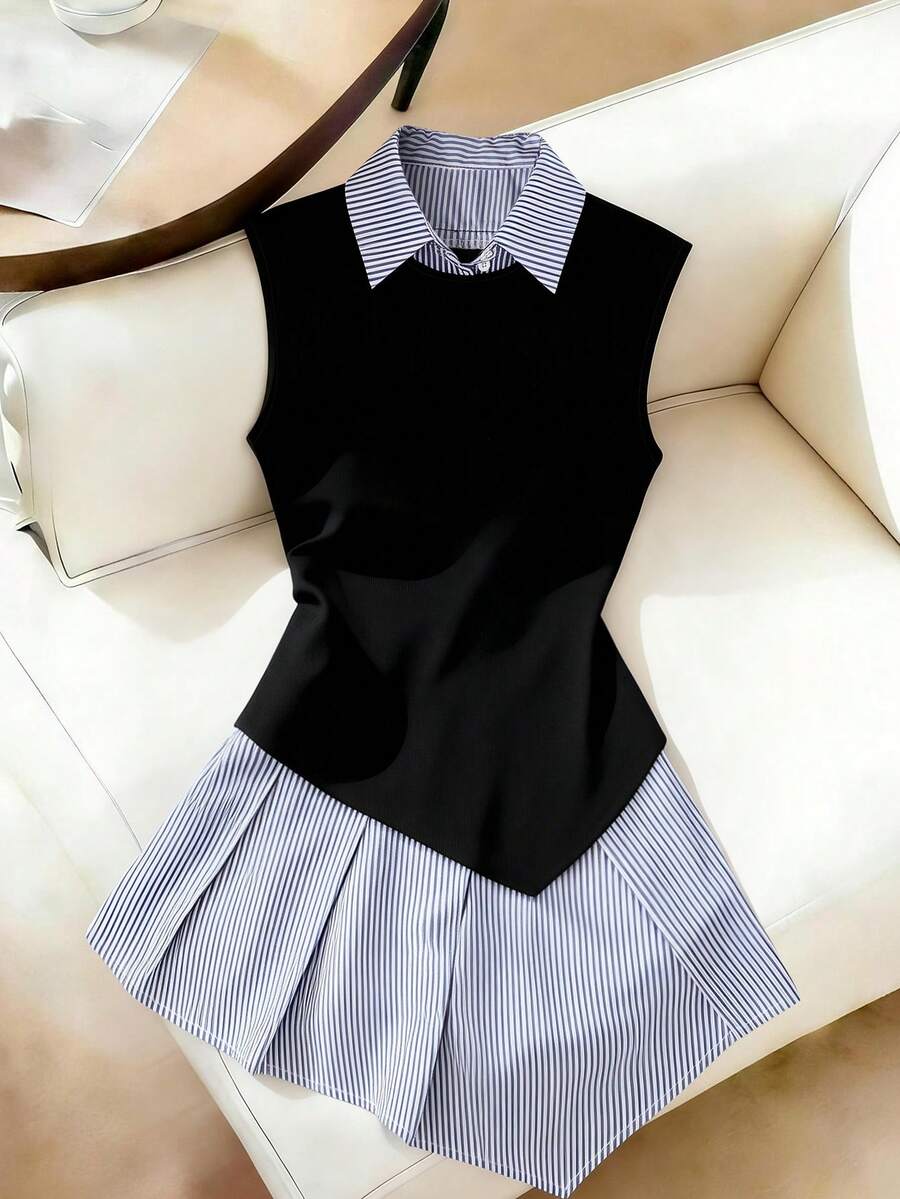 SHEIN Franclia 女士条纹拼接翻领无袖连衣裙 - 黑色 - 查看 1