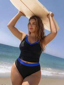 Swim SPRTY 2026 New Summer Holiday Surfing Beach Holiday Sports Casual Plus Size Colorblock Tankini Bikini Light Blue - Multicolor - View 3