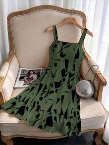 EMERY ROSE Plus Size Women Vacation Plus Size Floral Print Bow Tie Waist Dress - Army Green - View 8