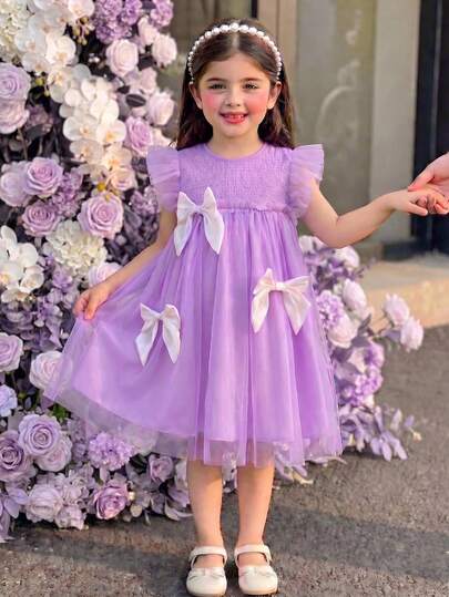 Elladie kids Summer Girls Green Mesh Cap Sleeve Dress With 3 Bow Decor, Comfortable Mesh Dress Suitable For Any Occasion, Party, Event