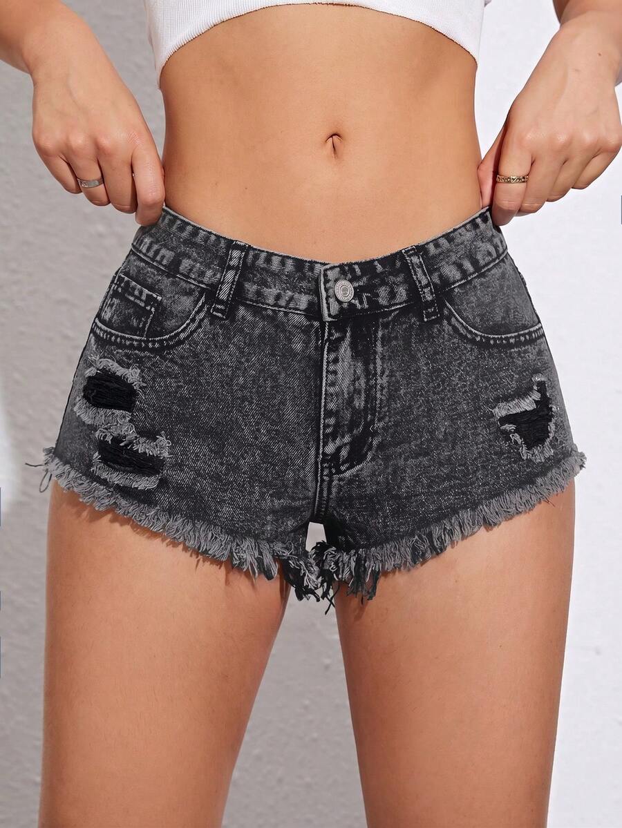 SHEIN ICON 女式口袋做旧磨边休闲牛仔短裤 - 灰色 - 查看 1
