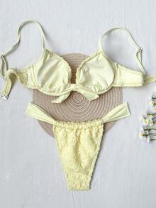 Bonvoyette Bộ bikini hai mảnh màu trơn họa tiết hoa hướng dương, kiểu cổ yếm buộc nơ, thích hợp cho kỳ nghỉ, dành cho nữ. - Màu vàng - Xem 2