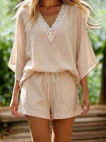 EMERY ROSE Women's Beige Summer Boho Holiday Vacation Holiday Lace 2-Piece Set,Textured Embroidered V-Neck Batwing Sleeve Shirt & Wide Leg Folding Tie Shorts - Apricot - View 6