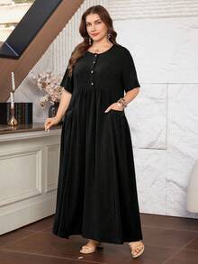Lacomfia Women's Short Sleeve Loose Elegant Comfortable Minimalist Plus Size Dress With Pockets - Black - View 6