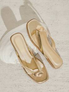 SHUZIA Women's MinimalistShell Decor Thong Strap Slip-On Flat Sandals - Gold - View 4
