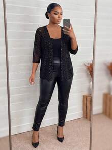 SHEIN Lady CURVE Áo khoác lưới mỏng đính đá Rhinestone cỡ lớn cho nữ Lễ Tạ ơn, Quần áo Giáng sinh, Áo đi chơi đêm giao thừa, Trang phục công sở, Tiệc tùng, Trang phục thường ngày cho phụ nữ, Phong cách quý tộc, Ngày lễ tình nhân, Tình yêu/Người yêu vào mùa thu/đông - màu đen - Xem 3