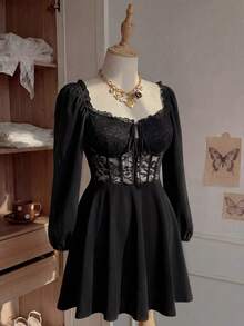 CovetEZ Abito nero elegante e sexy in pizzo, taglio a-line, per taglie comode - nero - Visualizzare 5
