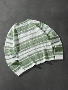 Manfinity LEGND Áo khoác cardigan nam dáng casual kẻ sọc khoét lỗ, cài cúc phía trước. - màu xanh lá - Xem 3