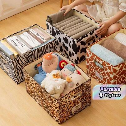 1pc Cute Animal Cover Drawer Storage Box Cow / Leopard / Zebra / Giraffe Four Kinds Of Animal Patterns, Clothing Toys Sundries Books Storage Of Various Sizes Complete, Home Good Things,Suitable For Kitchen Storage, Desktop Storage, Living Room, Bathroom, Company, School, High-End Texture, Unique Gift
