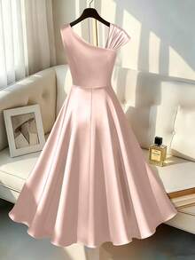 GlowEve CURVE Plus Size Elegant Solid Color Asymmetric Collar Dress, Summer Fall - Dusty Pink - View 2