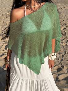 Sunnyshic 女士绿色镂空极简薄纱休闲度假风针织罩衫，夏季 - 綠色 - 查看 5