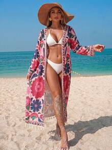 Swim Lushoire Kimono con estampado floral para mujer con cinturón desmontable, adecuado para la playa, fiestas y vacaciones - Multicolor - Ver 4
