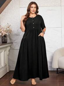Lacomfia Women's Short Sleeve Loose Elegant Comfortable Minimalist Plus Size Dress With Pockets - Black - View 5