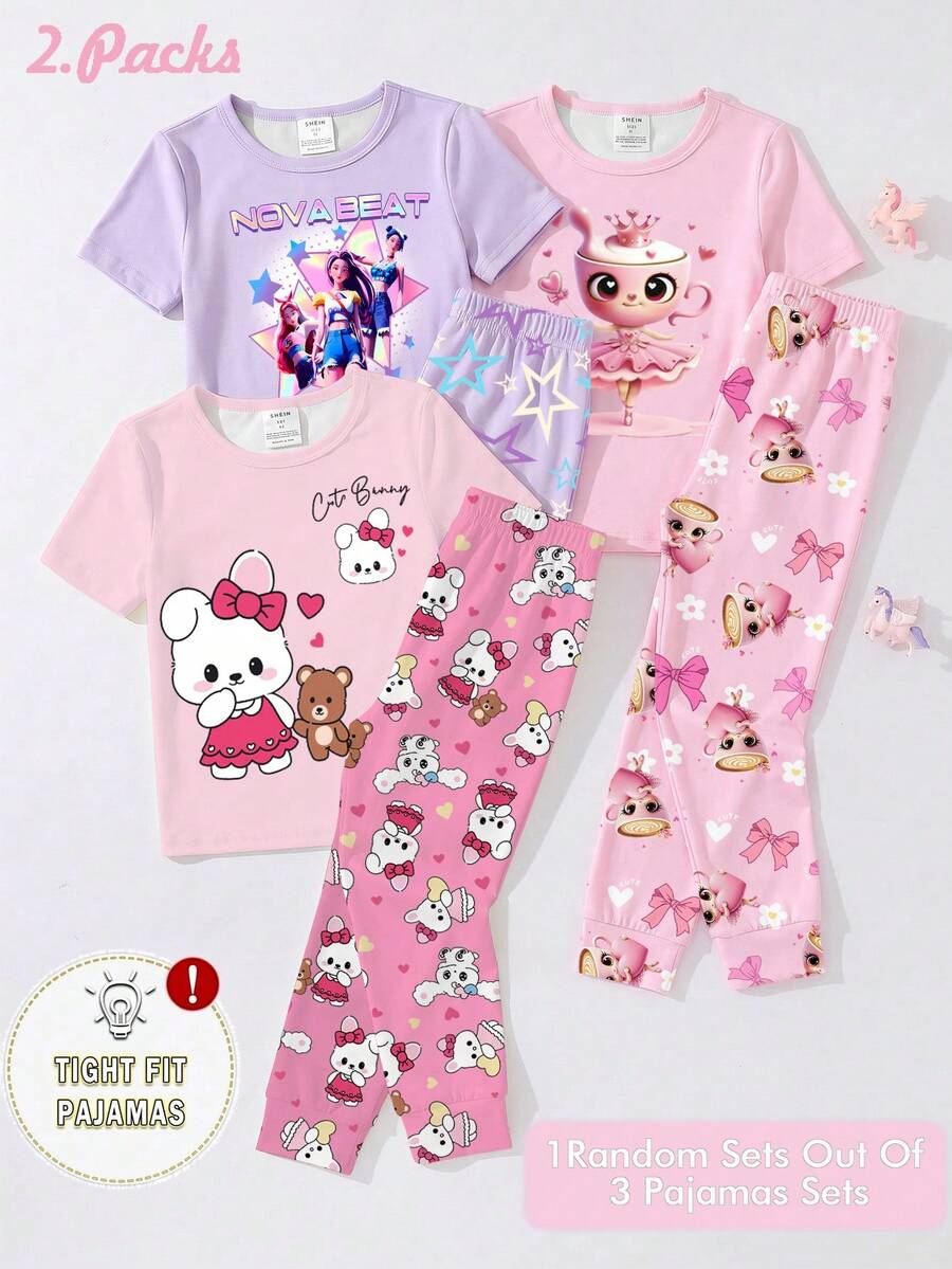[3 món/bộ, 1 bộ được gửi ngẫu nhiên] Bộ đồ ngủ cho bé gái, hàng mới về mùa xuân/hè, bán chạy với họa tiết cổ điển dễ thương hình thỏ, bé gái, cô gái nhảy múa trong cốc cà phê, chất liệu vải dệt kim co giãn ôm sát, áo tay ngắn + quần (gửi ngẫu nhiên) - Hồng - Xem 1